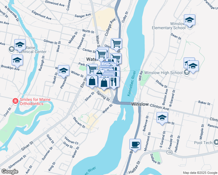 map of restaurants, bars, coffee shops, grocery stores, and more near 6 Main Place in Waterville
