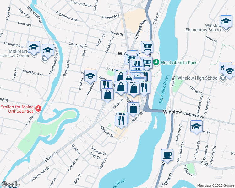 map of restaurants, bars, coffee shops, grocery stores, and more near 4 Spring Place in Waterville