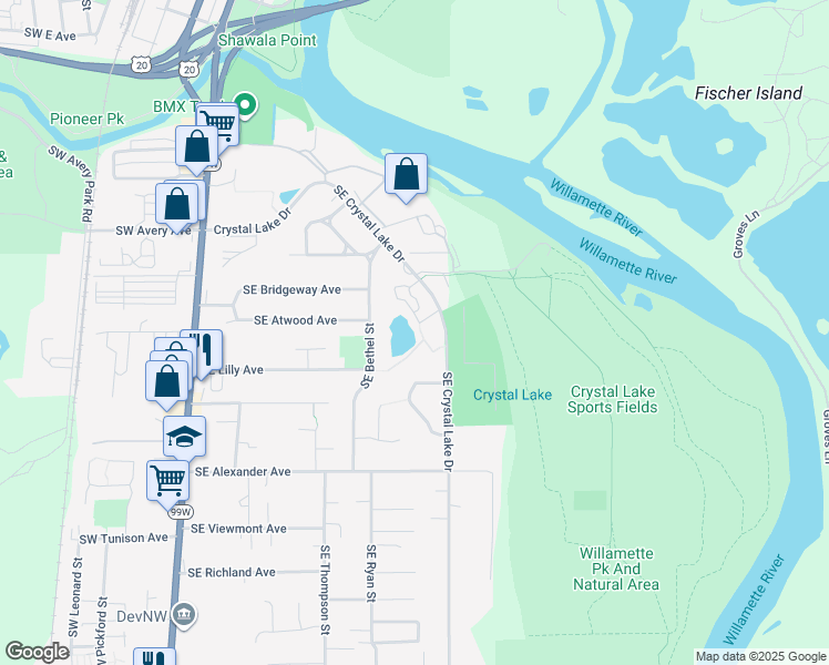 map of restaurants, bars, coffee shops, grocery stores, and more near 1652 Southeast Crystal Lake Drive in Corvallis