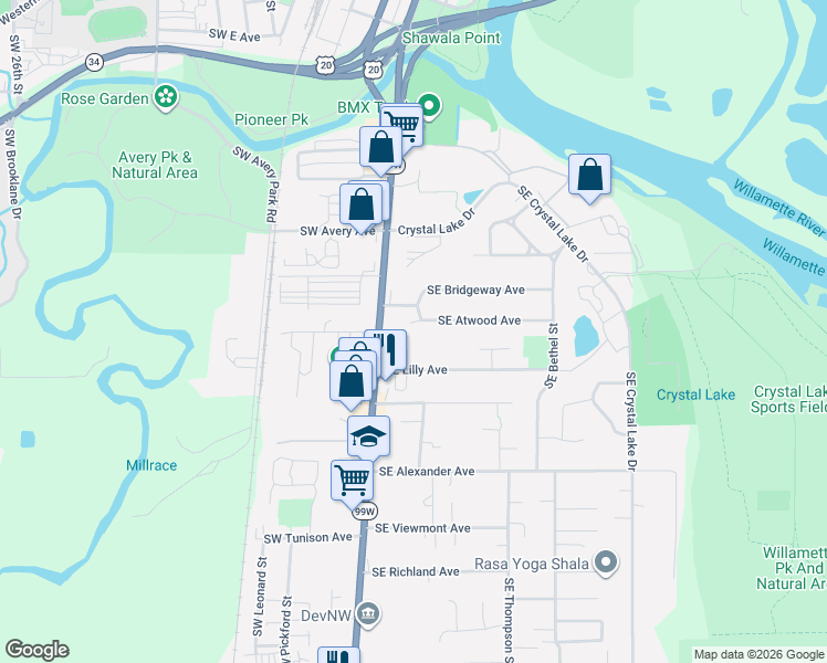 map of restaurants, bars, coffee shops, grocery stores, and more near 215 Southeast Lilly Avenue in Corvallis