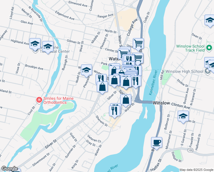 map of restaurants, bars, coffee shops, grocery stores, and more near 47 Silver Street in Waterville