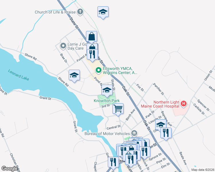 map of restaurants, bars, coffee shops, grocery stores, and more near 174 State Street in Ellsworth