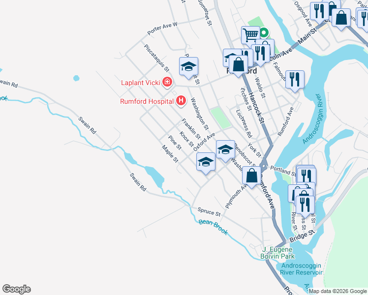map of restaurants, bars, coffee shops, grocery stores, and more near 248 Pine Street in Rumford