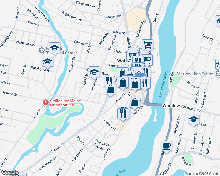 map of restaurants, bars, coffee shops, grocery stores, and more near 38 Elm Street in Waterville