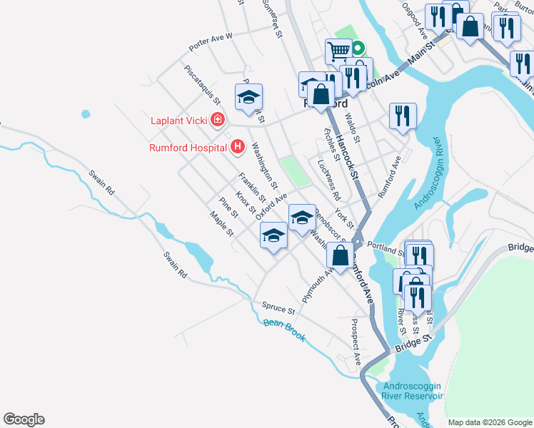 map of restaurants, bars, coffee shops, grocery stores, and more near 232 Knox Street in Rumford