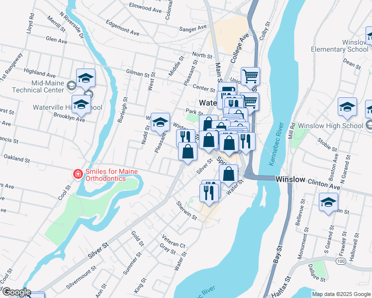map of restaurants, bars, coffee shops, grocery stores, and more near 38 Elm Street in Waterville