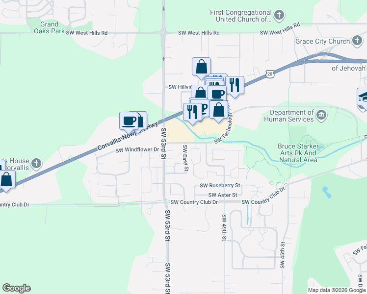 map of restaurants, bars, coffee shops, grocery stores, and more near 1754 Southwest Easy Street in Corvallis