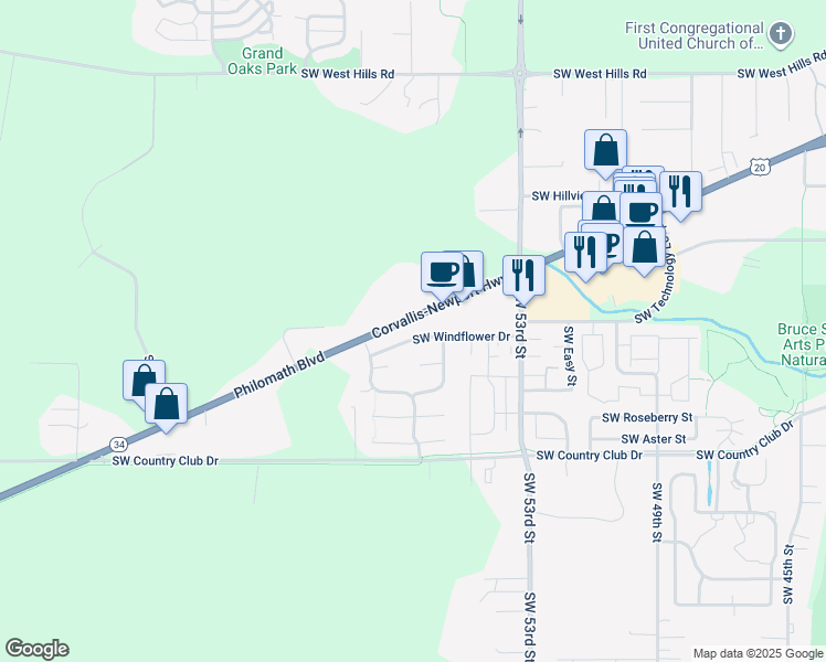 map of restaurants, bars, coffee shops, grocery stores, and more near 5612 Southwest Windflower Drive in Corvallis