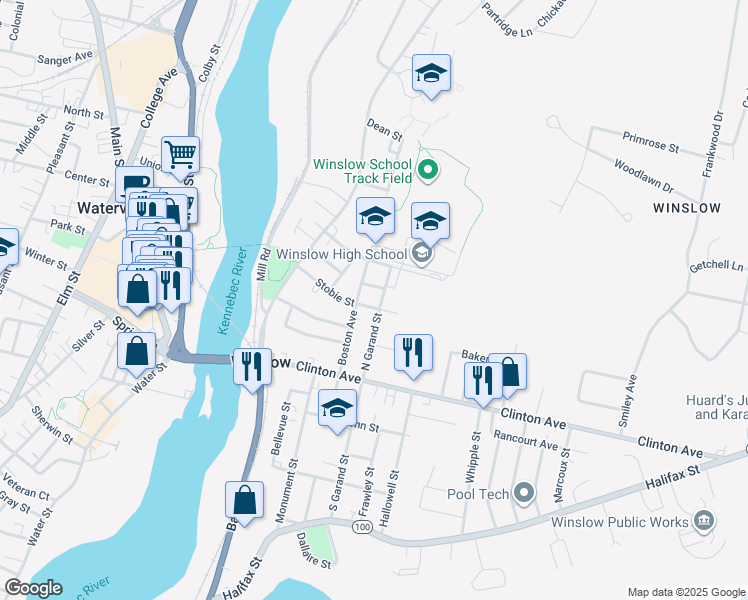 map of restaurants, bars, coffee shops, grocery stores, and more near 15 Boston Avenue in Winslow