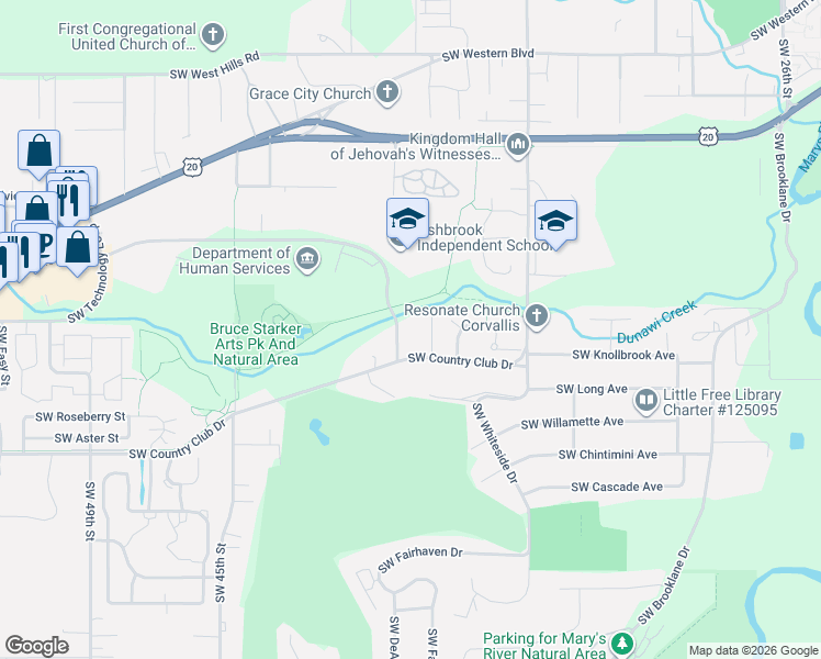 map of restaurants, bars, coffee shops, grocery stores, and more near 3835 Southwest Country Club Drive in Corvallis