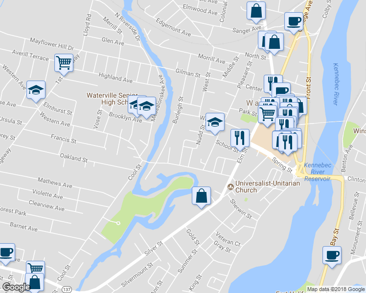 map of restaurants, bars, coffee shops, grocery stores, and more near 60 Pearl Street in Waterville