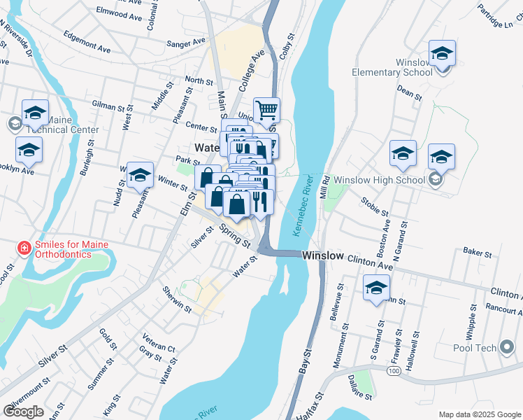 map of restaurants, bars, coffee shops, grocery stores, and more near 80 Front Street in Waterville
