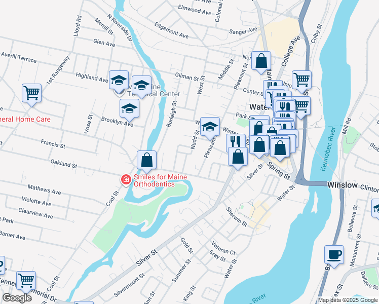 map of restaurants, bars, coffee shops, grocery stores, and more near 11 Lawrence Street in Waterville
