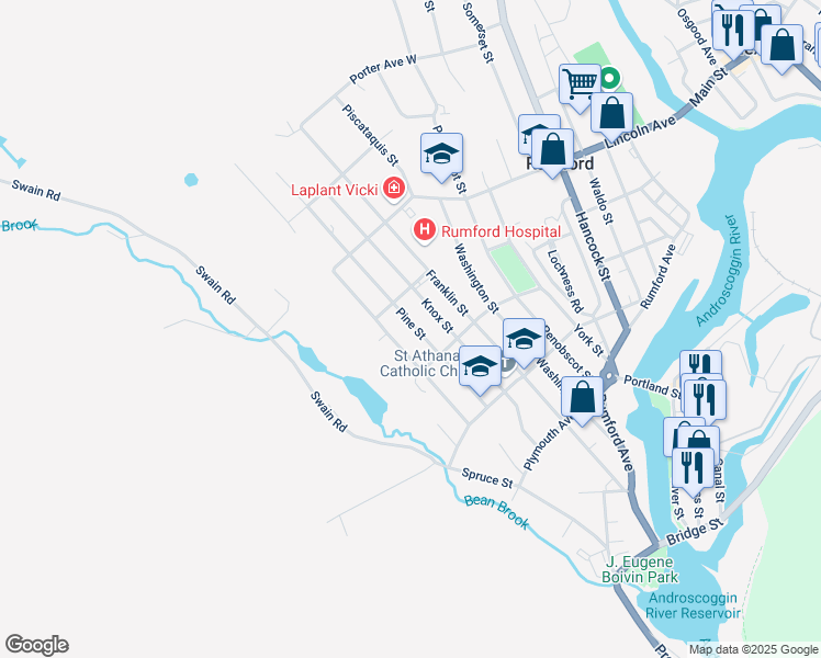 map of restaurants, bars, coffee shops, grocery stores, and more near 346 Pine Street in Rumford