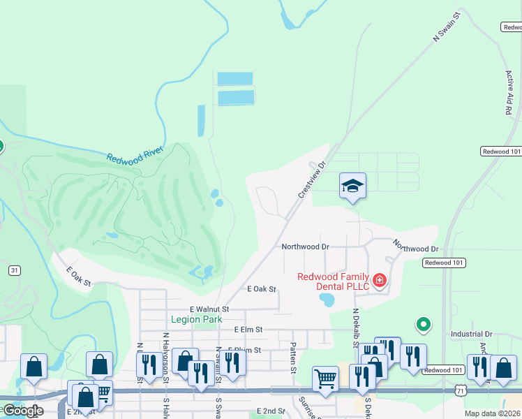 map of restaurants, bars, coffee shops, grocery stores, and more near 120 Cedar Point Road in Redwood Falls