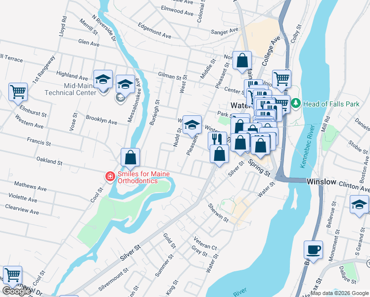 map of restaurants, bars, coffee shops, grocery stores, and more near 10 Dalton Street in Waterville