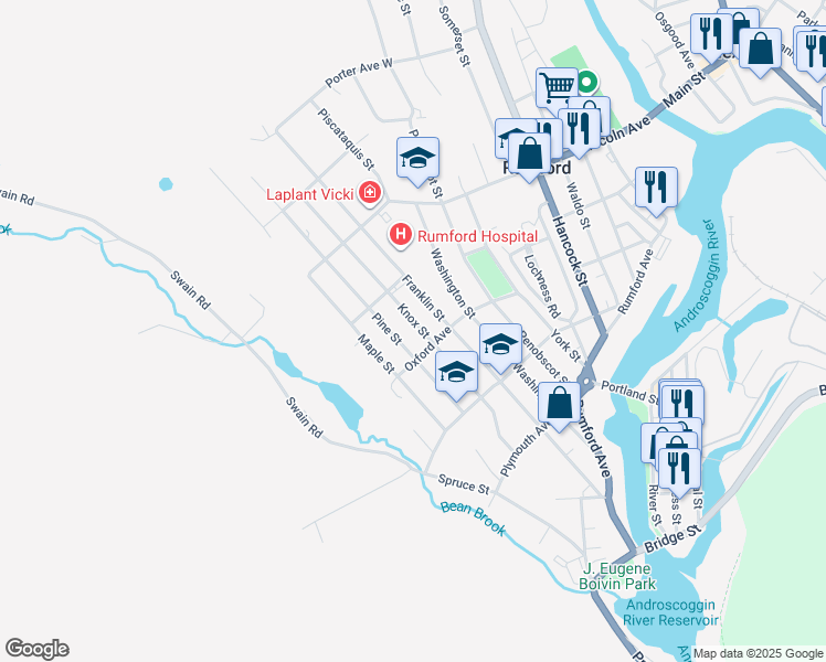 map of restaurants, bars, coffee shops, grocery stores, and more near 321 Franklin Street in Rumford