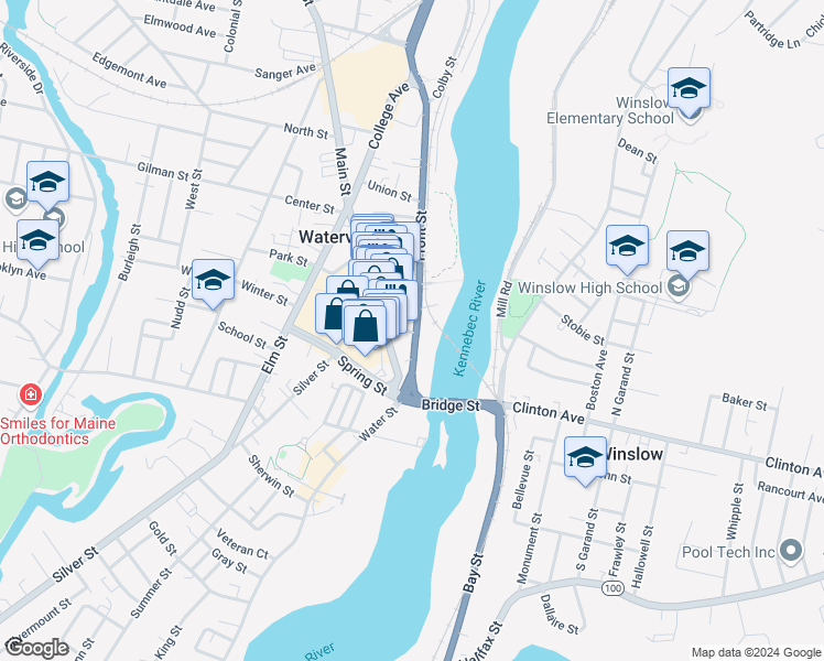 map of restaurants, bars, coffee shops, grocery stores, and more near 80 Front Street in Waterville