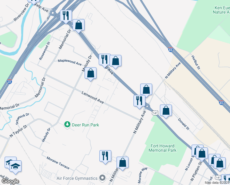 map of restaurants, bars, coffee shops, grocery stores, and more near 1675 Velp Avenue in Green Bay