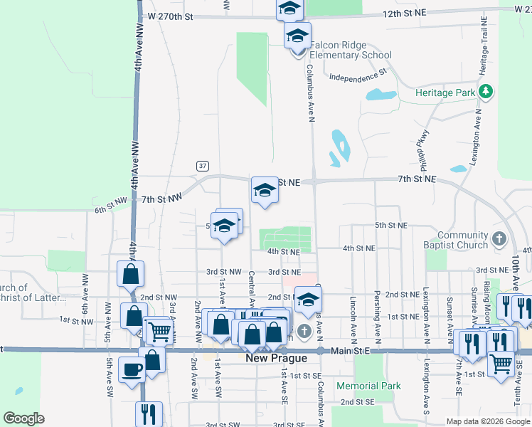 map of restaurants, bars, coffee shops, grocery stores, and more near 721 Central Avenue North in New Prague