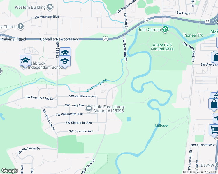 map of restaurants, bars, coffee shops, grocery stores, and more near 1710 Southwest Brooklane Drive in Corvallis