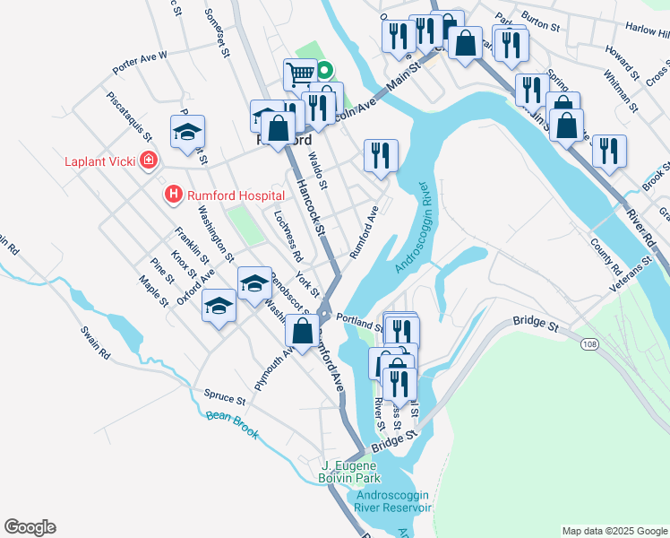 map of restaurants, bars, coffee shops, grocery stores, and more near 101 Waldo Street in Rumford