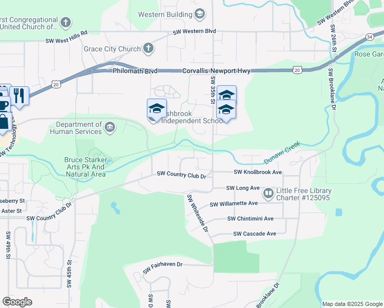 map of restaurants, bars, coffee shops, grocery stores, and more near 1650 South West Country Club Place in Corvallis