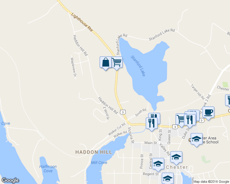 map of restaurants, bars, coffee shops, grocery stores, and more near 4073 Nova Scotia Trunk 3 in Chester