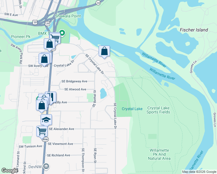 map of restaurants, bars, coffee shops, grocery stores, and more near 1688 Southeast Crystal Lake Drive in Corvallis