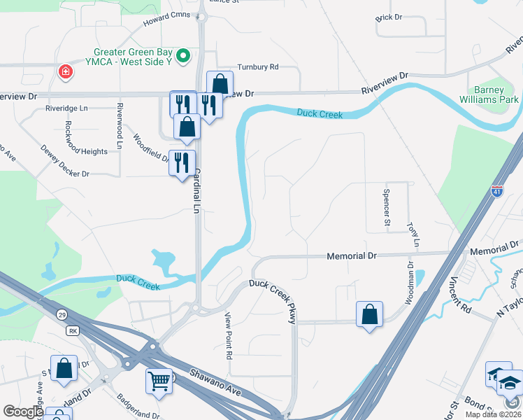 map of restaurants, bars, coffee shops, grocery stores, and more near 325 Whispering Creek Court in Green Bay
