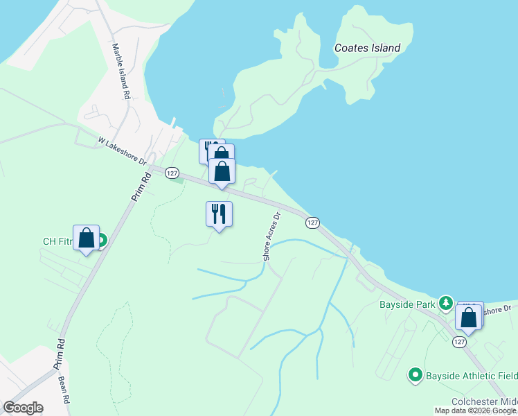 map of restaurants, bars, coffee shops, grocery stores, and more near 669 West Lakeshore Drive in Colchester