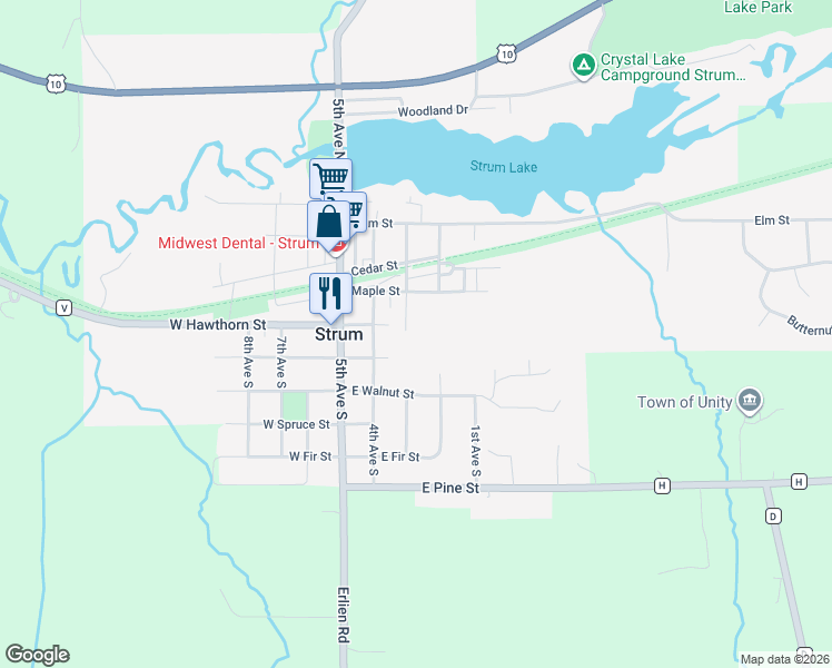 map of restaurants, bars, coffee shops, grocery stores, and more near 116 3rd Avenue South in Strum