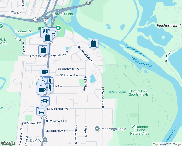 map of restaurants, bars, coffee shops, grocery stores, and more near 1630 Southeast Crystal Lake Drive in Corvallis