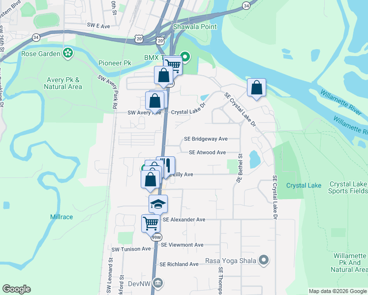 map of restaurants, bars, coffee shops, grocery stores, and more near 203 Southeast Bridgeway Avenue in Corvallis