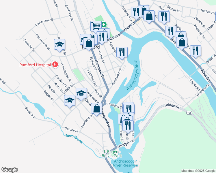 map of restaurants, bars, coffee shops, grocery stores, and more near 101 Waldo Street in Rumford