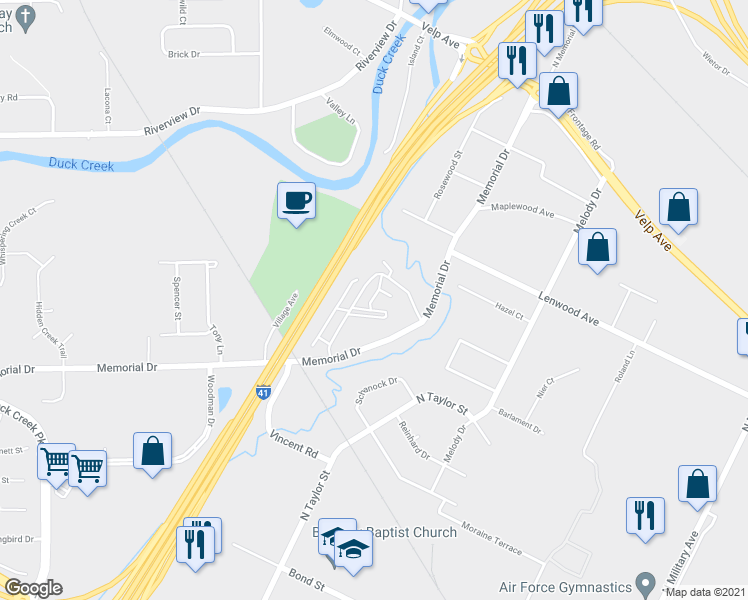 map of restaurants, bars, coffee shops, grocery stores, and more near 2044 Memorial Drive in Howard