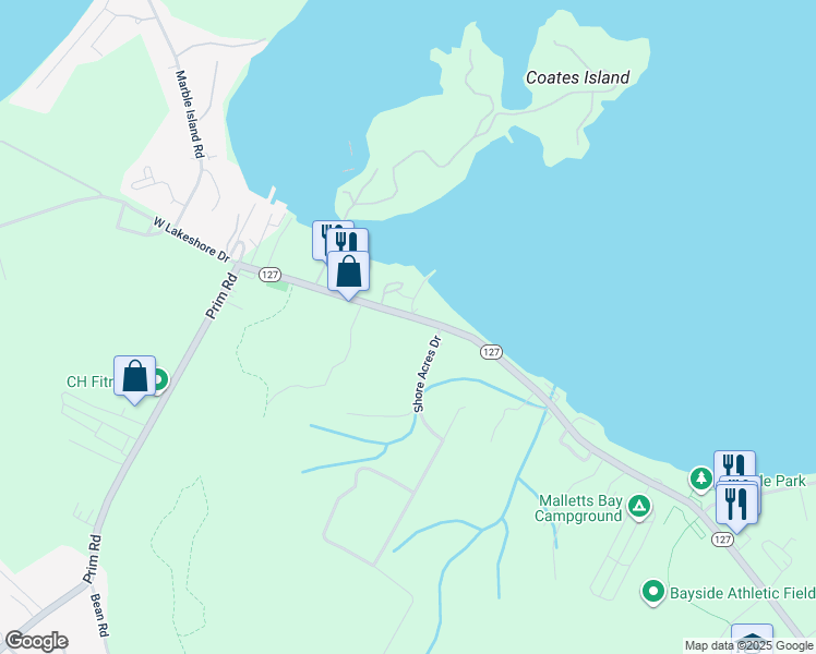 map of restaurants, bars, coffee shops, grocery stores, and more near 657 West Lakeshore Drive in Colchester