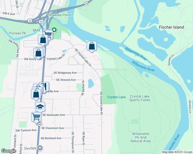 map of restaurants, bars, coffee shops, grocery stores, and more near 1688 Southeast Crystal Lake Drive in Corvallis