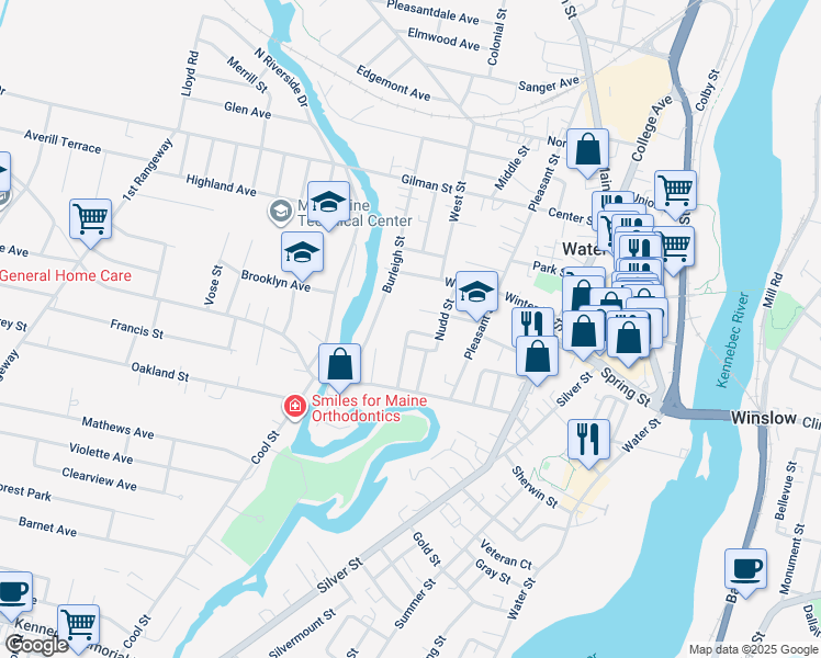 map of restaurants, bars, coffee shops, grocery stores, and more near 11 Lawrence Street in Waterville