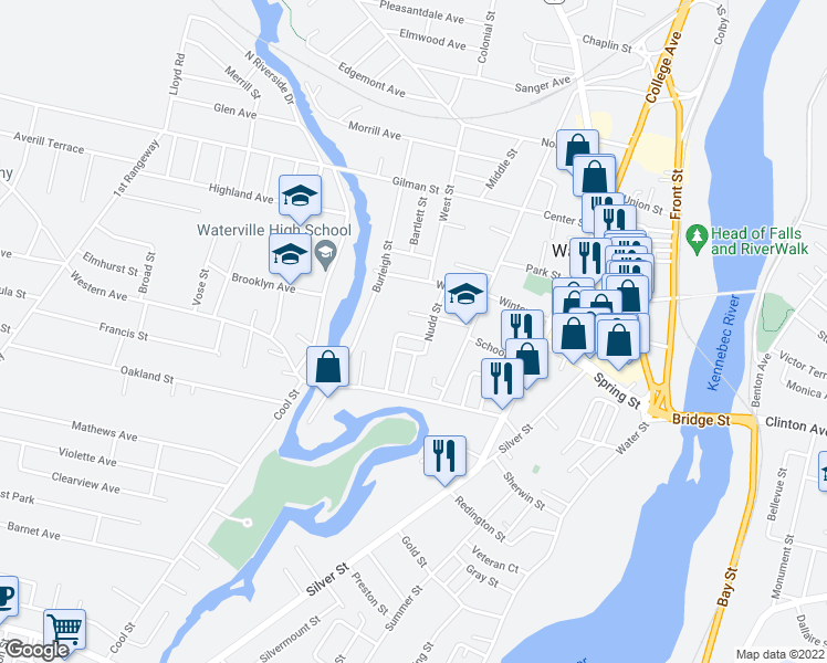map of restaurants, bars, coffee shops, grocery stores, and more near 9 Lawrence Street in Waterville