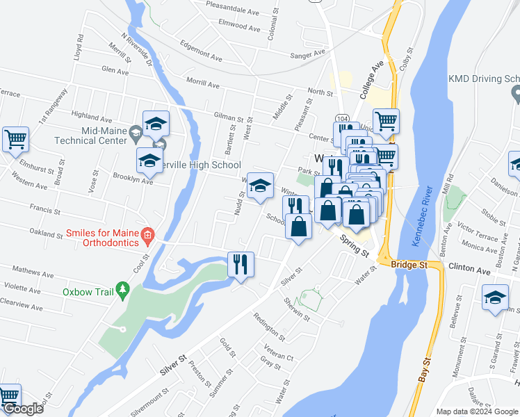 map of restaurants, bars, coffee shops, grocery stores, and more near 27 Pleasant Street in Waterville