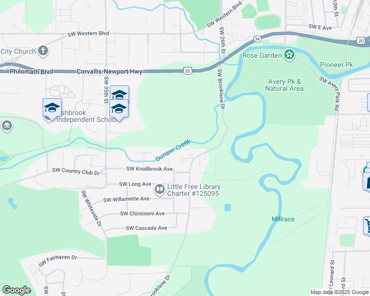 map of restaurants, bars, coffee shops, grocery stores, and more near 1710 Southwest Brooklane Drive in Corvallis