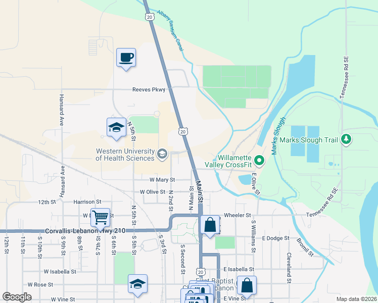 map of restaurants, bars, coffee shops, grocery stores, and more near 605 Main Street in Lebanon