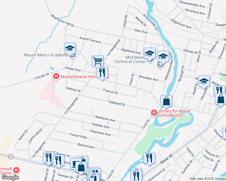 map of restaurants, bars, coffee shops, grocery stores, and more near 7 Russell Street in Waterville