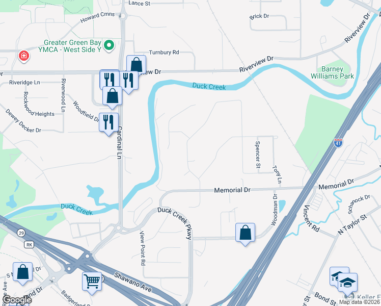 map of restaurants, bars, coffee shops, grocery stores, and more near 316 Hidden Creek Trail in Green Bay