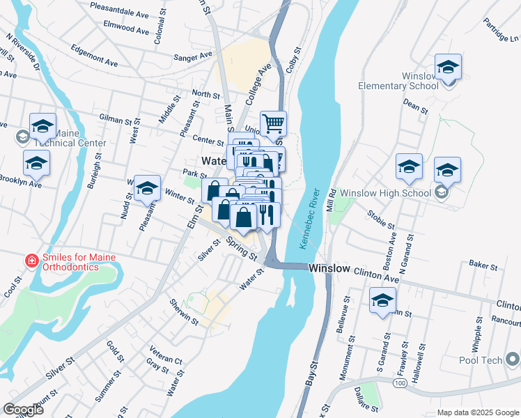 map of restaurants, bars, coffee shops, grocery stores, and more near 20 Main Street in Waterville