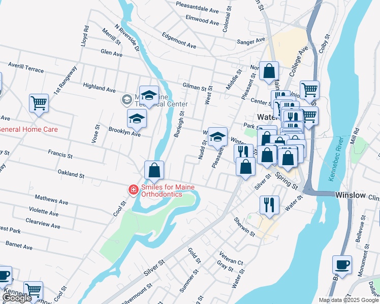 map of restaurants, bars, coffee shops, grocery stores, and more near 11 Lawrence Street in Waterville