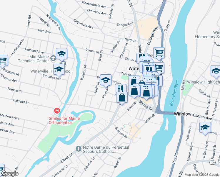 map of restaurants, bars, coffee shops, grocery stores, and more near 27 Pleasant Street in Waterville