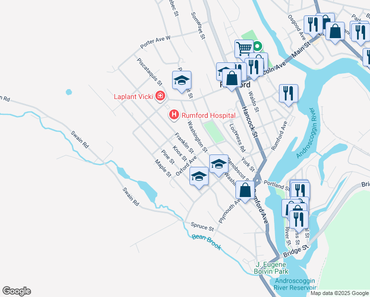 map of restaurants, bars, coffee shops, grocery stores, and more near 321 Franklin Street in Rumford