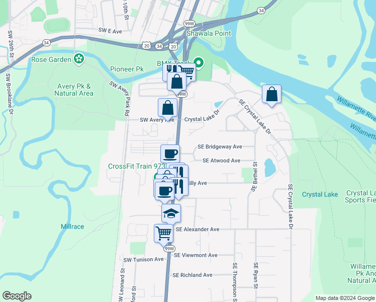 map of restaurants, bars, coffee shops, grocery stores, and more near 203 Southeast Bridgeway Avenue in Corvallis